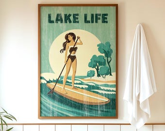 Canvas Paper Art, Lake Life Paddleboard Sign, Sage Green Wall Decor, Cabin Gift for Her