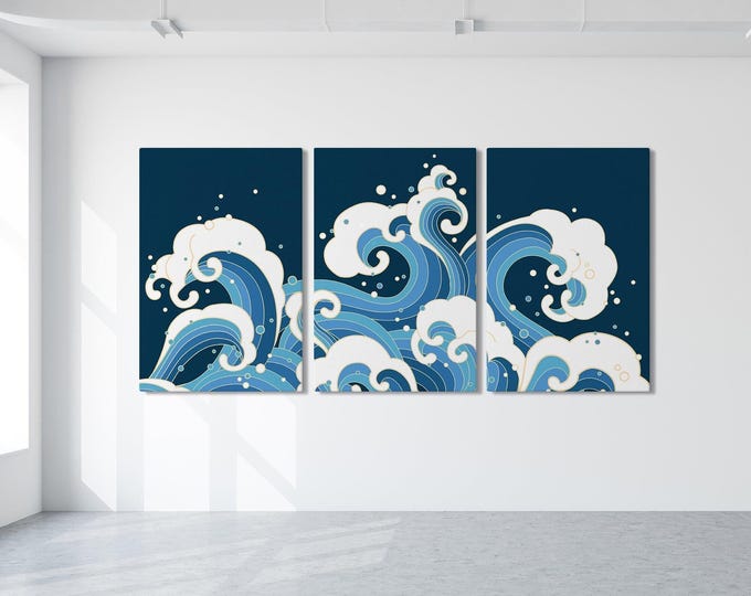 Coastal Ocean Waves Triptych Wall Art, Beach House Sign, Large Framed Art