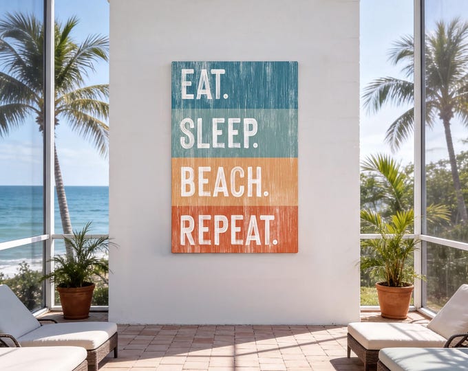 Eat Sleep Beach Repeat Wall Art, Retro Coastal Print