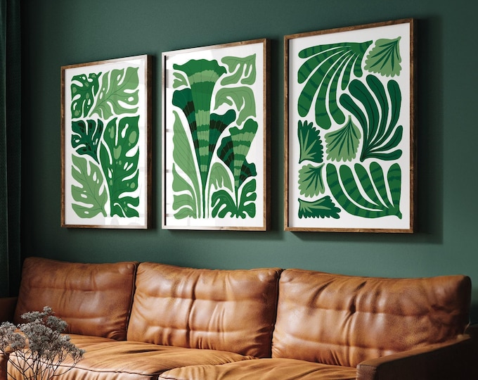 Triptych Wall Art, Tropical Palm Leaves — Jungle Canvas Set, Boho Greenery