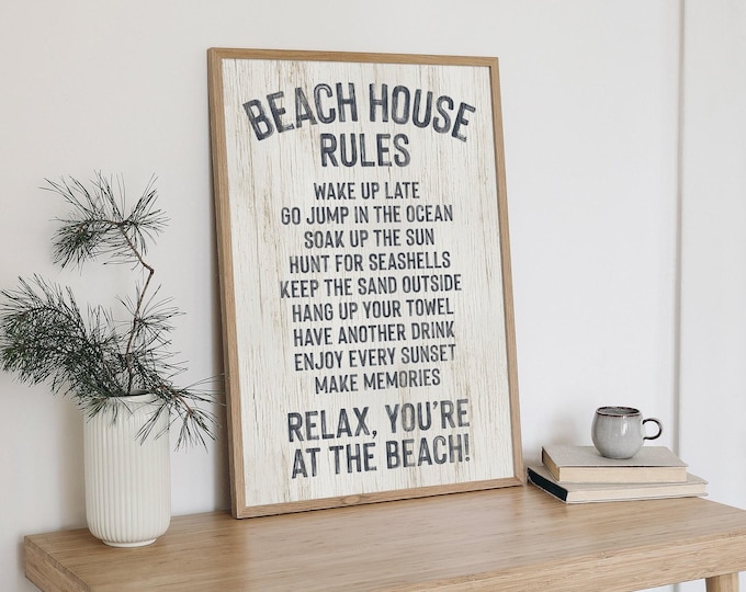 Vintage BEACH HOUSE RULES Print, Hale Navy on White, Painted Words on White, Beach House Rules Sign, Gift for Beach Lover, Retro Beach Decor