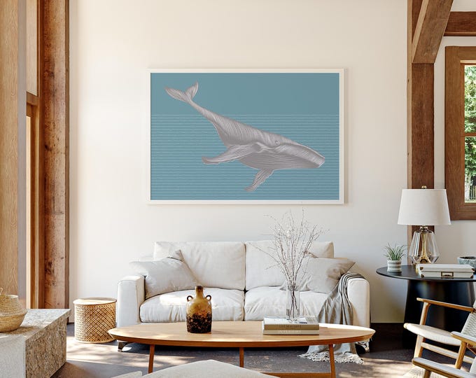 Abstract Ocean Art Print, Slate Blue Whale Canvas in White Frame, Coastal Beach Wall Decor