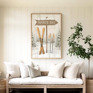 Vintage Aprés Ski Sign in Yellow, Skis and Poles, Apres Ski Arrow Sign, Winter Scene, Faux Wood Canvas Art, Retro Ski Decor, Gift for Skier