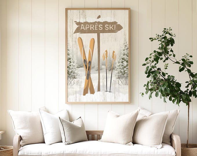 Vintage Aprés Ski Sign in Yellow, Skis and Poles, Apres Ski Arrow Sign, Winter Scene, Faux Wood Canvas Art, Retro Ski Decor, Gift for Skier