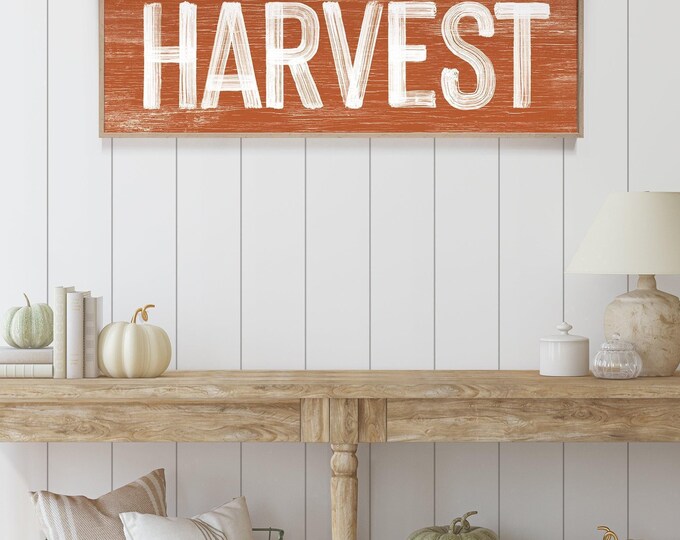 Harvest Sign in Burnt Orange, faux weathered wood, seasonal wall art, harvest wall decorations, vintage farmhouse, long horizontal wall art