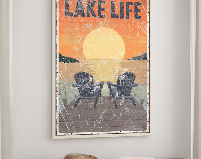 Dock Art, Lake Life Sunset Sign, Navy Adirondack Chairs, Retro Cabin Wall Decor