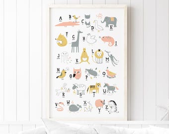 Safari Nursery, Nursery Wall Art, Gift For New Mom, Cute Alphabet Sign, Zoo Themed Canvas, Baby Room Decor, Peach And Gold Palette