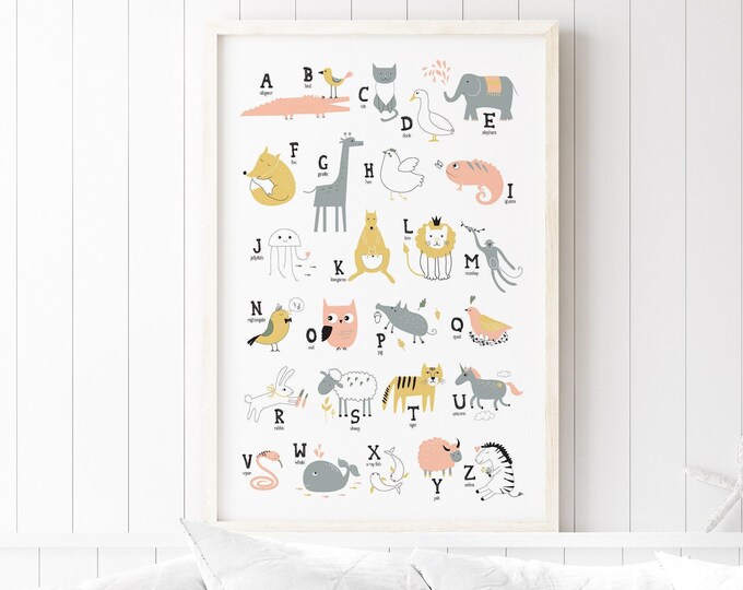 Safari Nursery, Nursery Wall Art, Gift For New Mom, Cute Alphabet Sign, Zoo Themed Canvas, Baby Room Decor, Peach And Gold Palette