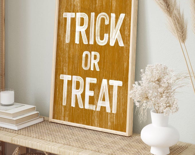 Gift For Halloween, Trick Or Treat Sign, Cream and Golden Mustard Decor