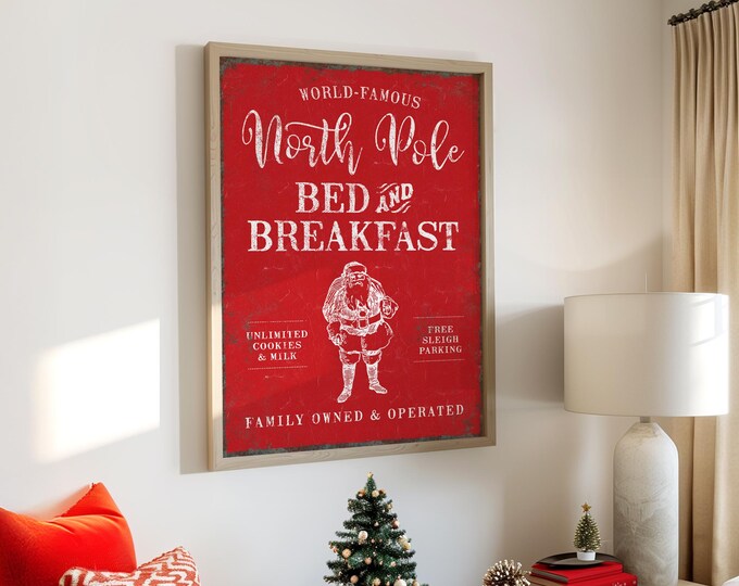 North Pole Bed and Breakfast Santa Sleigh Art in Cream on Red