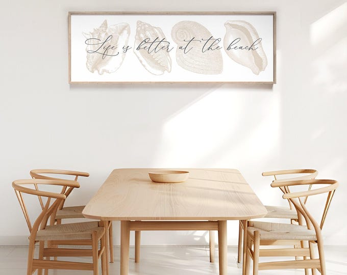 Sign Beach House Seashell Wall Art, Wide Neutral Coastal Print, Life Is Better at the Beach