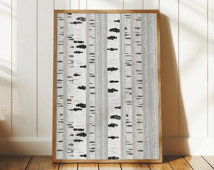 Birch Tree Landscape Wall Art, Neutral Monochromatic Canvas, Boho Nature Decor, Rustic Maple Frame, Large Forest Hanging, Matte Finish