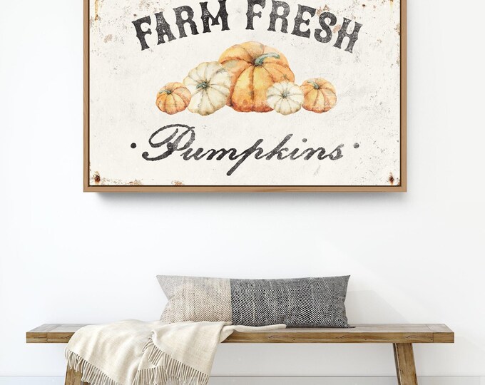 Fall Pumpkins Decor, Farm Fresh Sign, Cream Weathered Wall Art