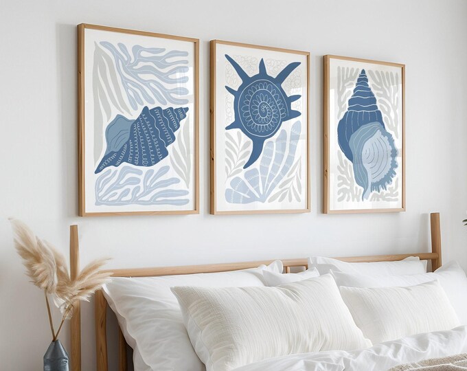 Seashell Triptych Wall Art, Dusty Blue Conch Urchin Spiral Prints, Coastal Set of 3