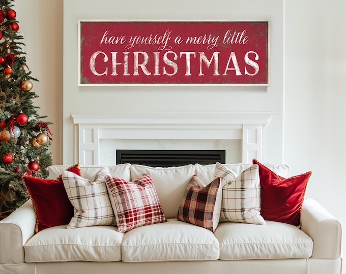 Long Horizontal "Have Yourself a Merry Little Christmas" Sign in Dark Red, Holiday Wall Decor, Holiday wall art, CHRISTMAS HOME DECOR