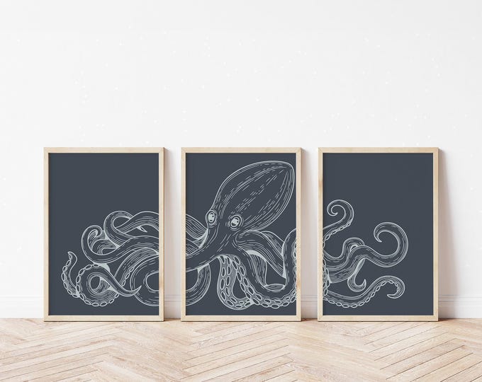 Octopus Art Triptych, White Line Drawing on Charcoal, Vintage Nautical Print Set of 3