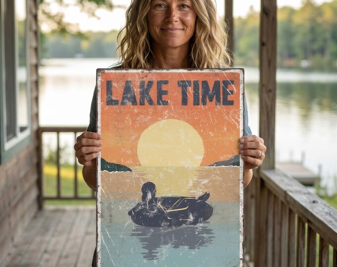 Vintage Rustic Style, Navy Lake Time Sign, Burnt Orange Sunset Tube Wall Art, Cabin Gift