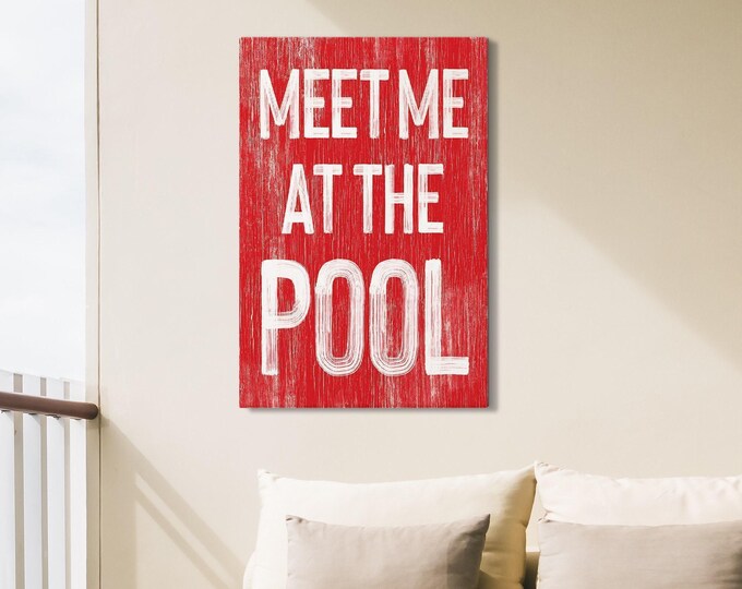 Meet Me at the Pool, Rustic Red Wall Art, White Lettering, Summer Gift for Swimmers
