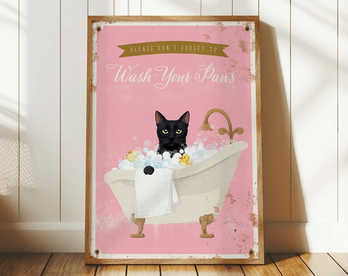 Black Cat Bathroom Print, Whimsical Bubble Bath Art (Framed or Unframed)