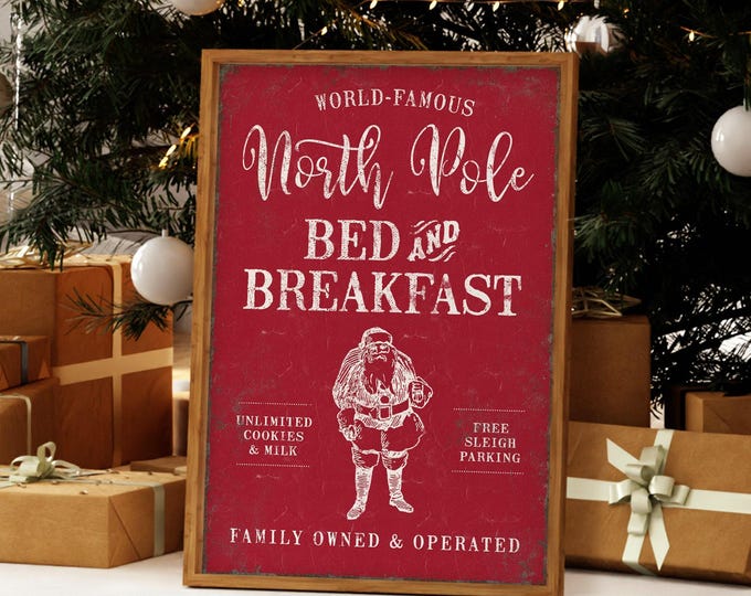 Santa Claus Decor, North Pole Bed and Breakfast with Cookies and Milk in Cream on Crimson