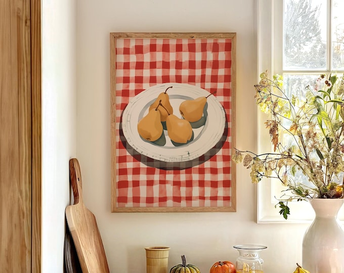 La Dolce Vita Canvas Print, Pear Still Life, Checkered Red Tablecloth, Coastal Wall Art, Vintage Palm Decor, Beachhouse Charm Gift