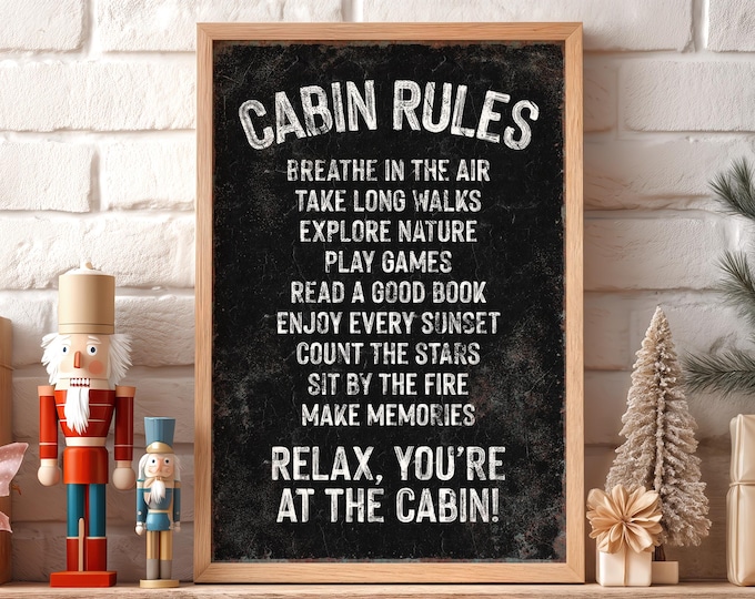 Cabin Rules Wall Art: Nostalgic Ski Lodge Style (Black with Maple Frame)