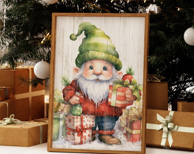 Cozy Christmas Gnome Sign, Green Hat, Wrapped Presents (Rustic Wall Art)