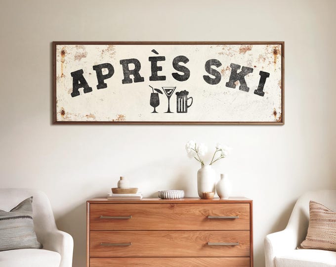 White Ski Gift, APRES SKI Cocktail Sign in Charcoal on Rusted Cream Enamel, Framed Bar Art