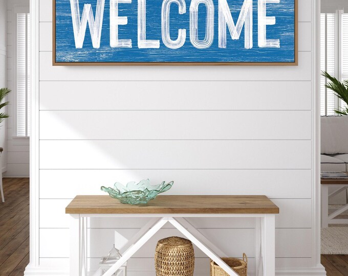Ocean Blue Welcome Sign - Faux Weathered Wood, Rustic Wall Art