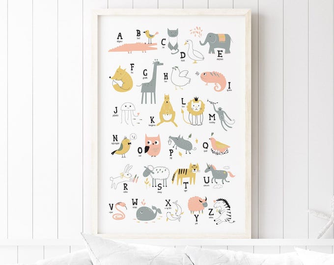Safari Nursery, Nursery Wall Art, Gift For New Mom, Cute Alphabet Sign, Zoo Themed Canvas, Baby Room Decor, Peach And Gold Palette
