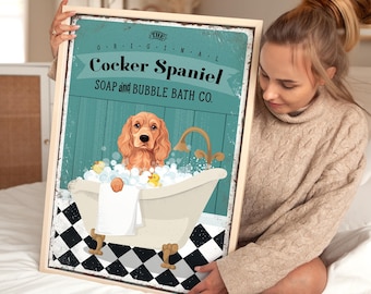 Dog lover gift, Cocker Spaniel Bubble Bath sign in teal, vintage bathroom wall decor