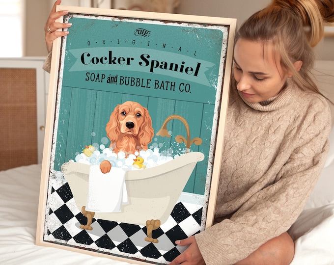 Cocker Spaniel Bubble Bath Bathroom Wall Art – Vintage Pet Decor