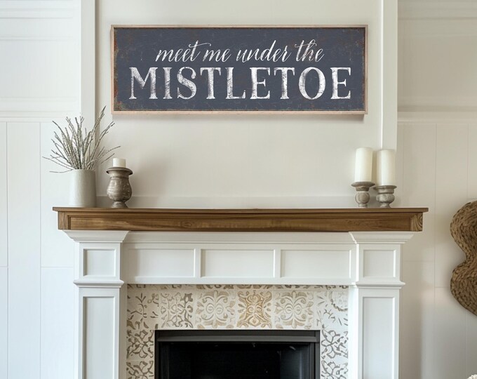 Under Mistletoe Sign, Meet Me Under the Mistletoe Slate Gray Holiday Art