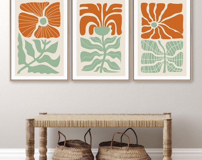 Abstract Floral Triptych Wall Art, Farmhouse Beach House Decor, Floral Gift