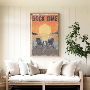 sunset DOCK TIME poster with Adirondack chairs on the dock, vintage lake house decor, lake canvas prints, lake gift for couple
