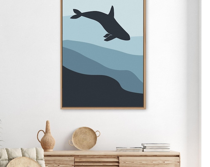 Whale Art Print, Diving Navy Silhouette on Ombre Blue, Framed Beach House Canvas