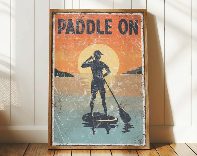 Warm Wall Decor, Vintage Paddle On Sunset Poster with Paddleboarder Silhouette, Lake House Living Room Art