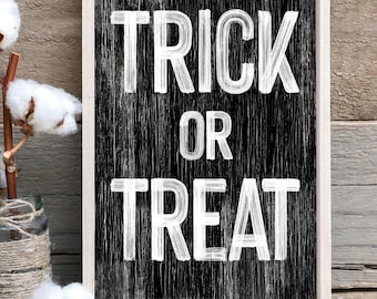 Halloween-Druck, Süßes oder Saures in Schwarz auf verwittertem Weiß