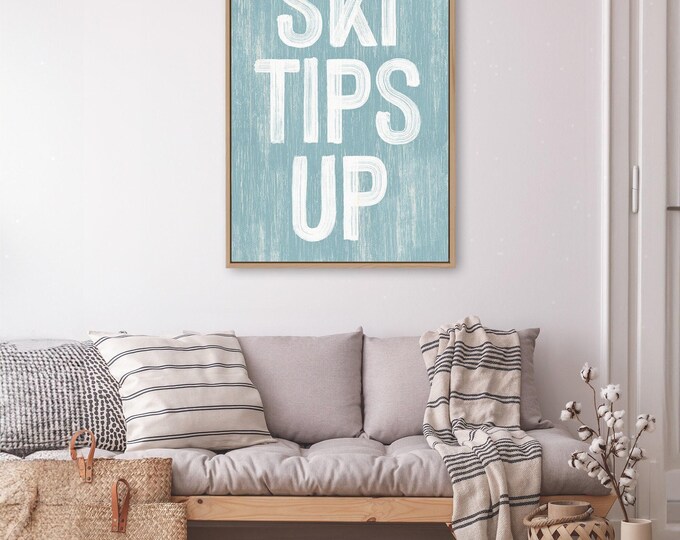Rustic Winter Gift, Cozy Reading Nook, Pale Aqua Distressed Wall Decor, SKI TIPS UP Print