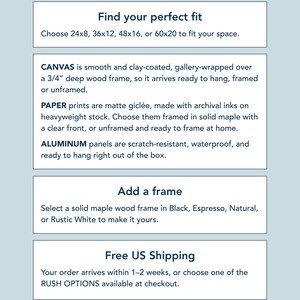 Fit card in pale blue listing canvas, paper and aluminum options, frame colors and free US shipping.