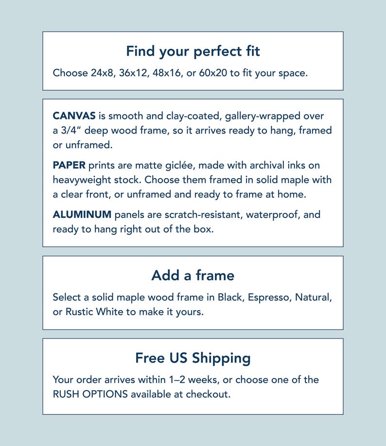 Fit card in pale blue listing canvas, paper and aluminum options, frame colors and free US shipping.