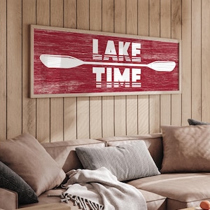 Vintage Lake Time Sign, Long Horizontal Lake Decor, White on Dark Red, Gift for Lake House, Faux Wood Design, Paddles, Oars, Red Lake Decor