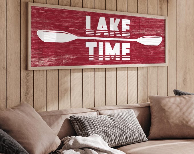 Vintage Lake Time Sign, Long Horizontal Lake Decor, White on Dark Red, Gift for Lake House, Faux Wood Design, Paddles, Oars, Red Lake Decor