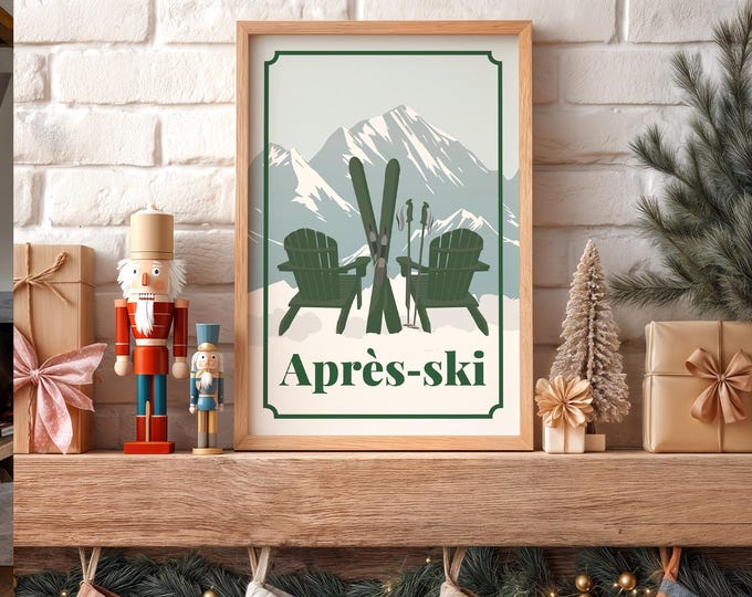Snow and Skis Art, Apres-ski Adirondack Poster in Forest Green on Pale Sage, Cabin Print