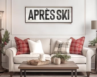 APRES SKI Sign in white and black, faux weathered wood, seasonal wall art, apres ski wall print, vintage farmhouse, long horizontal wall art