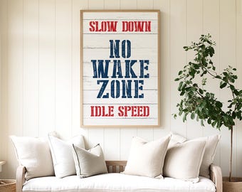 No Wake Zone Sign: Vintage Nautical Wood, Blue and Red