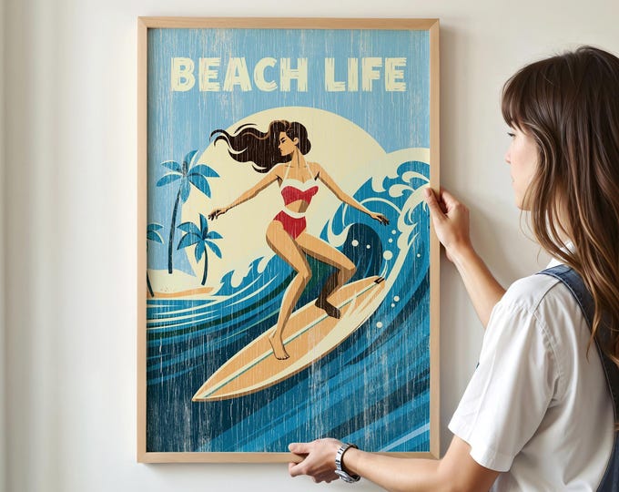 Beach Life, Retro Travel Poster Print, Woman Surfing A Wave, Blue Red Cream Coastal Gift