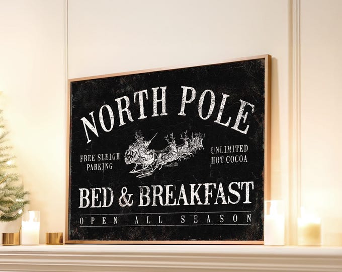 North Pole Christmas Sign, Rustic Living Room Holiday Decor, Vintage Art
