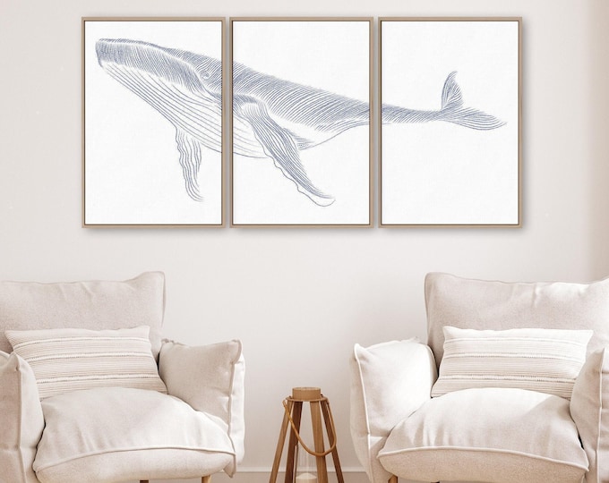 Whale Print Triptych, Navy Line Art Humpback Across Three Panels, Calm Coastal Wall Set