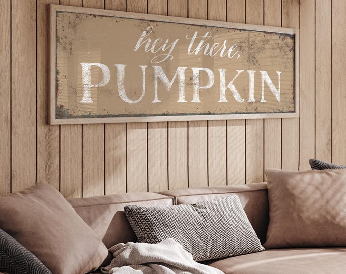 Pumpkin Wall Decor, Hey There Sign, Taupe and Cream Autumn Print